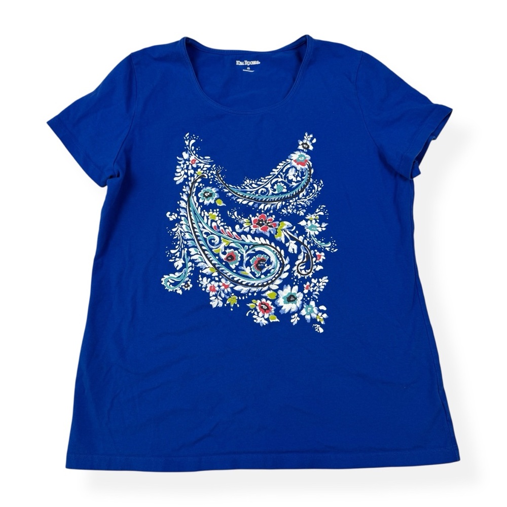 Kim Rogers Top Womens M Medium Blue Multicolor Floral Paisley Graphic Short Slee